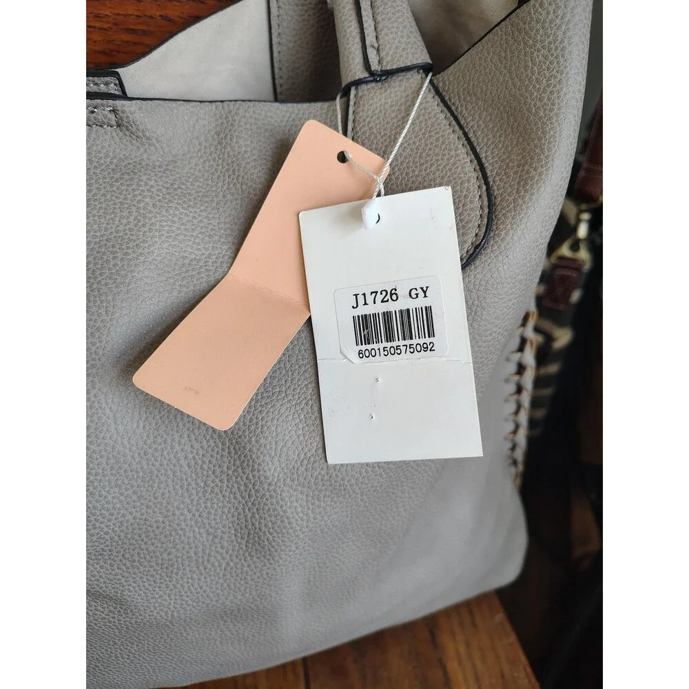 Jen Co Tote Large Gray Bag In A Bag Tassel Pouch Purse Vegan Faux Leather Beige - Picture 9 of 16